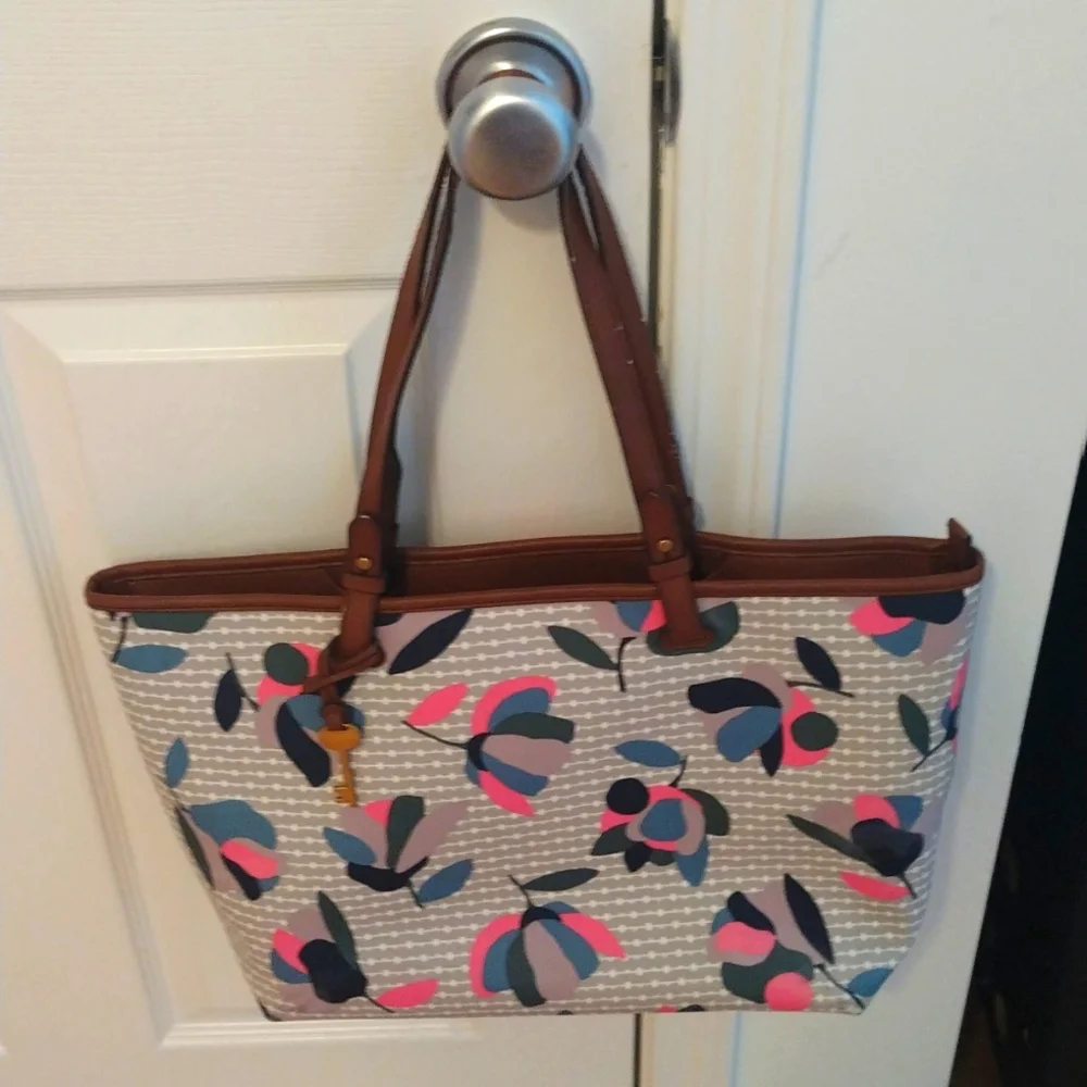 Fossil Brown and Pink Floral Vegan Tote with Brown Leather Accents